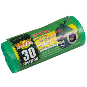 Мешок дмусора ПНД 30 л (20 шт.) рулон с ручками зеленый 11 мкм КРЕПАК БИО (150 шт.)
