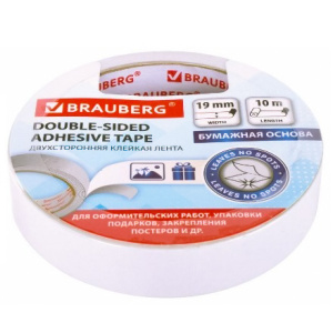 Лента клейкая двусторонняя на бумажной основе 19 мм х 10 м BRAUBERG (18 шт.)